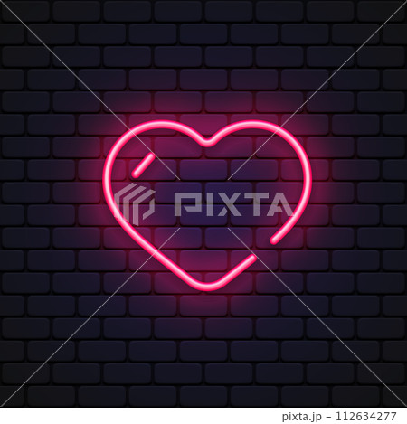 Bright heart. Neon sign. Retro neon heart sign on purple background. Design element for Happy Valentine's Day. Vector illustration 112634277