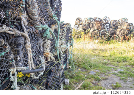 Close up of Lobster Pots or traps in Ireland Close up of Lobster Pots or traps in Ireland 112634336