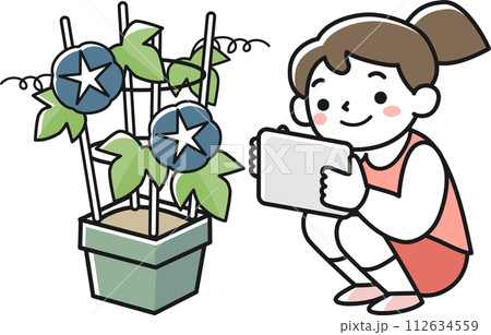 タブレットで朝顔の観察記録を作る女の子 112634559