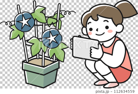 A girl records her observations of morning glories on a tablet. 112634559