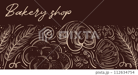 Bakery brown background. Linear graphic. Bread and pastry collection. Bread house. Vector illustration. For advertising, packaging, banners , web, branding Bakery brown background. Linear graphic. Bread and pastry collection. Bread house. Vector illustration. For advertising, packaging, banners , web, branding 112634754
