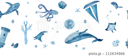 Watercolor hand-drawn multidirectional blue monochromatic border isolated on white. Whales, manta rays, shells, starfish, jellyfish and octopus Watercolor hand-drawn multidirectional blue monochromatic border isolated on white. Whales, manta rays, shells, starfish, jellyfish and octopus 112634866