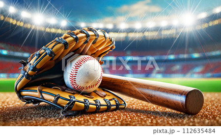 Baseball Glove with Wooden Bat and Ball on a Baseball Field - Generative Ai 112635484