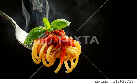 Italian Spaghetti Pasta with Tomato Sauce on a Metal Fork - Generative Ai 112635713