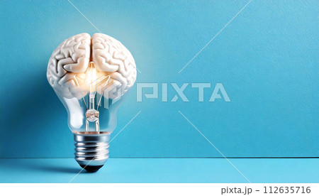 Human Brain inside the Glowing Light Bulb on a Blue Background - Generative Ai 112635716