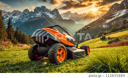 Orange and Black Lawn Mower on Green Grass in Mountain - Generative Ai 112635884