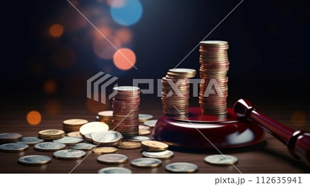 Judge gavel golden coins and money on the table. The concept of justice and corruption. AI generated. 112635941