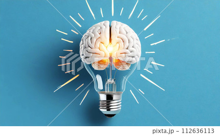Human Brain inside the Glowing Light Bulb on a Blue Background - Generative Ai 112636113