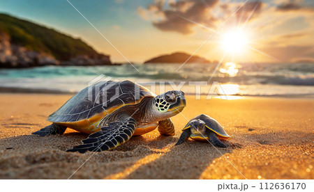 Adult and Newborn Sea Turtle on a Sandy Beach of a Tropical Island - Generative Ai Adult and Newborn Sea Turtle on a Sandy Beach of a Tropical Island - Generative Ai 112636170
