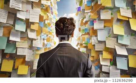 Back View of a Businessman Watching a Large group of Paper Notes - Generative Ai Back View of a Businessman Watching a Large group of Paper Notes - Generative Ai 112636290