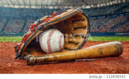 Baseball Glove with Bat and Ball on a Baseball Field - Generative Ai 112636541
