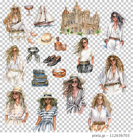 Watercolor hand drawn fashion elegant woman and stylish elements. Fashion girl. Stylish sketch. Fashion illustration. Perfect for greetings cards, invitation, poster, party decoration and stickers. 112636703