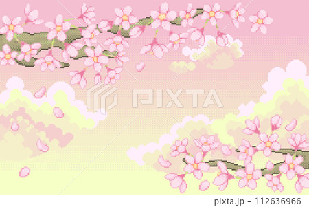 Pixel art)桜舞う、ノスタルジックなドット絵フレームのイラスト素材