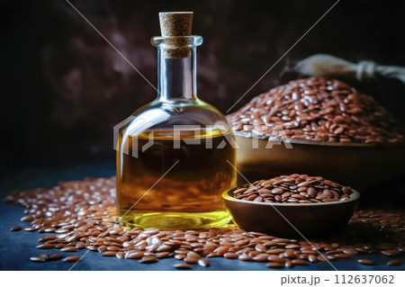 Flaxseed Oil and Whole Seeds Display - Generative AI 112637062