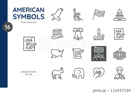 American Icons Vector Set - Patriotic Symbols and Landmarks. Isolated Editable Stroke Sing of USA Government, Politics, Nation, and United States History. 112637194