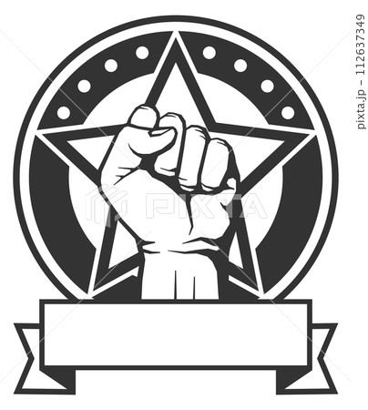 Strength symbol. Powerful human fist raising emblem 112637349