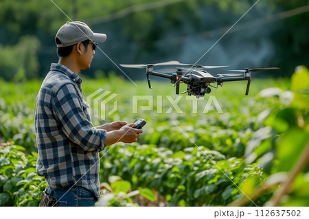 AI-generated content. Farmer in the field using drone 112637502