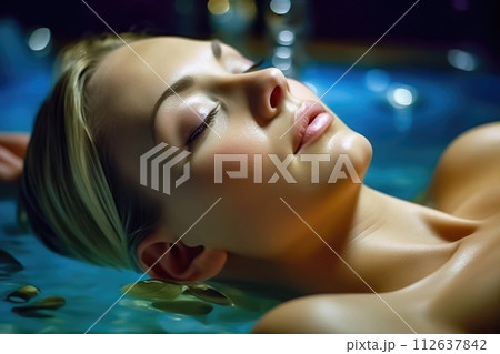 Relaxed Young Woman Enjoying Spa Beauty Treatments - Generative AI 112637842