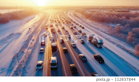 Vehicles Stuck in Snowy Traffic Jam - Generative AI 112637844
