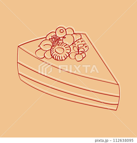 A hand-drawn illustration of a slice of cake with berries adorning the top. The cake is detailed with layers and frosting, while the berries add a touch of elegance to the sweet treat 112638095