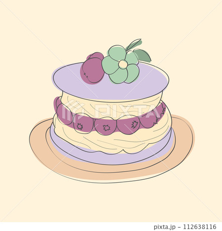 A hand-drawn illustration depicting a cake resting on a plate, showcasing intricate details and textures of the dessert 112638116