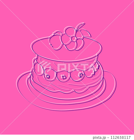 A hand-drawn illustration of a pink cake with cherries on top. The cake is detailed with layers and frosting, and the bright red cherries add a pop of color to the sweet treat A hand-drawn illustration of a pink cake with cherries on top. The cake is detailed with layers and frosting, and the bright red cherries add a pop of color to the sweet treat 112638117
