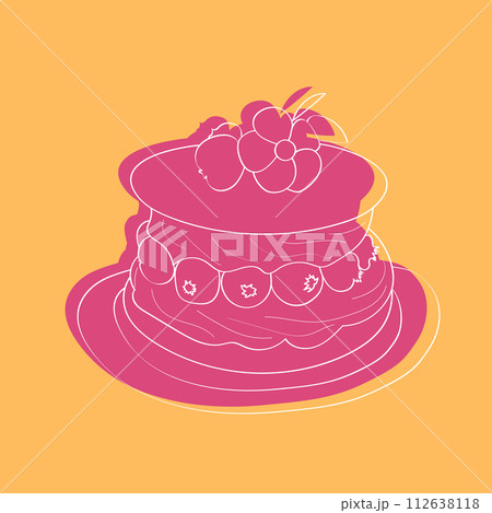 A pink cake with white icing and colorful sprinkles sits prominently on a bright yellow background. The cake is adorned with swirls and patterns that make it visually appealing A pink cake with white icing and colorful sprinkles sits prominently on a bright yellow background. The cake is adorned with swirls and patterns that make it visually appealing 112638118