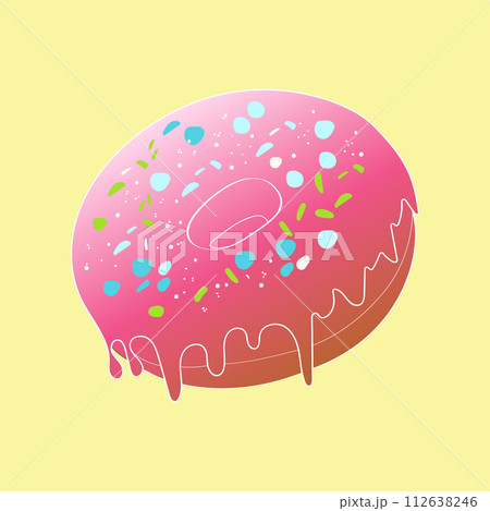 A hand-painted pink donut covered in colorful sprinkles is placed on a bright yellow background. The donut appears delicious and is the focal point of the image A hand-painted pink donut covered in colorful sprinkles is placed on a bright yellow background. The donut appears delicious and is the focal point of the image 112638246