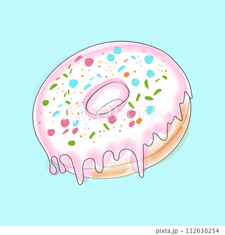 A freshly baked donut with colorful icing and sprinkles sit on a vibrant blue background. The sweet treat looks delicious and ready to be enjoyed 112638254
