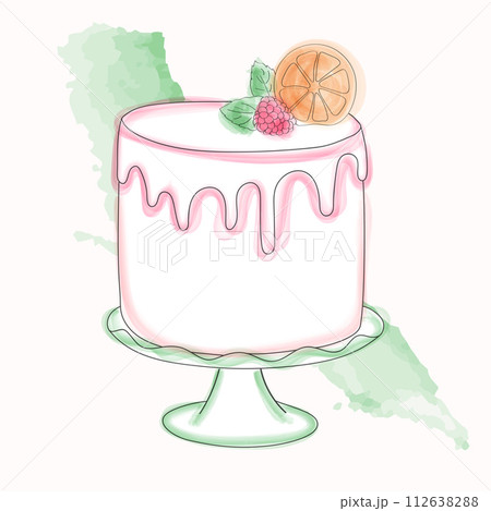 A hand-painted watercolor drawing of a cake with a slice of orange placed on top of it. The cake looks delicious and inviting, with intricate details and vibrant colors 112638288