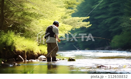 渓流で釣りをする日本人男性、川と自然の風景 渓流で釣りをする日本人男性、川と自然の風景 112638832