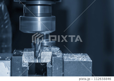 The slot cutting  process on NC milling machine with flat end mill tools. 112638846
