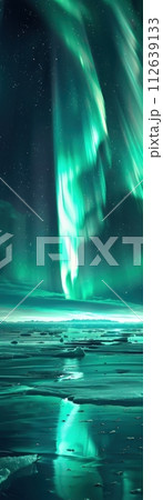 Aurora Borealis over an icy tundra polar animals silhouetted 112639133