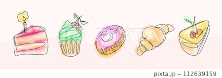Sweets in watercolour and continuous line art style with editable stroke isolated on white background. Hand drawn artwork with a pair pieces of cake, cupcake, donut, croissant. Sweets in watercolour and continuous line art style with editable stroke isolated on white background. Hand drawn artwork with a pair pieces of cake, cupcake, donut, croissant. 112639159