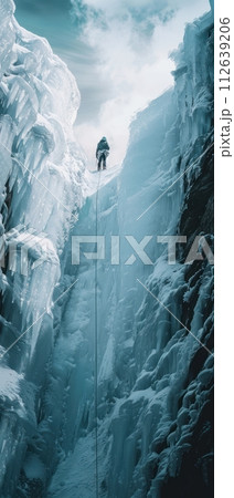Solo Ice Climber on a vast icy expanse minimalist aesthetic Solo Ice Climber on a vast icy expanse minimalist aesthetic 112639206
