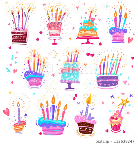 Set of Birthday cakes in a fun hand drawn style 112639247