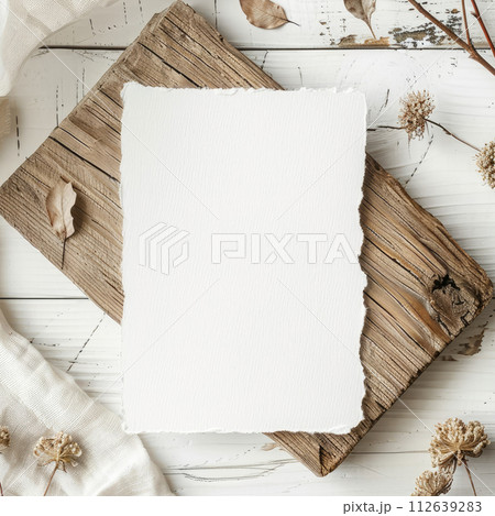 AI-generated content. Mockup with blank greeting card in boho style, Empty place, 112639283