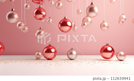AI-generated content. Christmas balls on red background. New Year wallpaper with Christmas baubles, gifts decoration concept 112639941