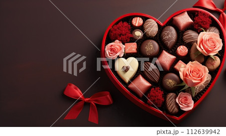 AI-generated content. Heart shaped box with chocolate candy. Valentines day gift concept. Holiday card 112639942