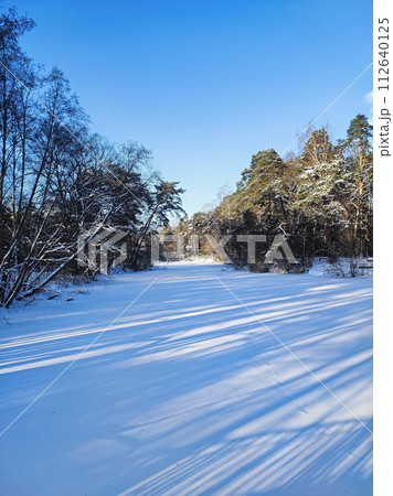 The frozen bed of a small river. 112640125
