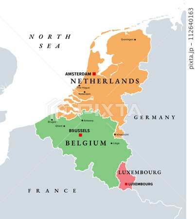 Benelux, Benelux Union member states, political map. Politico-economic union and formal international intergovernmental cooperation of the European states Belgium, the Netherlands, and Luxembourg. 112640163