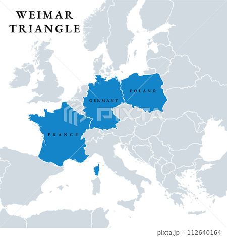 Weimar Triangle member states, political map. Regional alliance of France, Germany and Poland, created in 1991 in the German city of Weimar, to promote cross-border cooperation between the countries. 112640164
