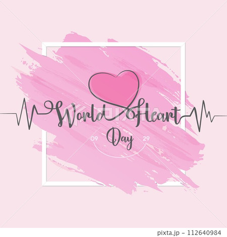 World Heart Day greeting card letter - line heart and cardio pulse trace on globe 112640984