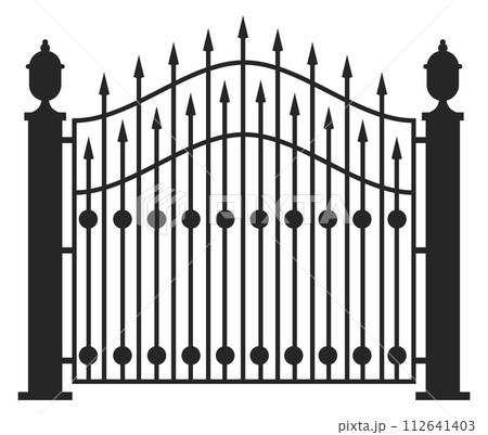 Vintage gate. Decorative ornate iron black fence 112641403