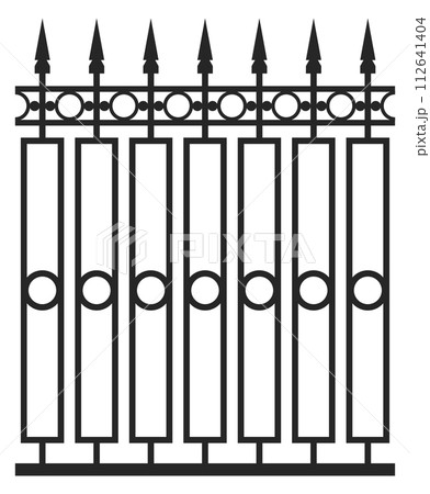 Metal fence with decorative ornament. Iron black lattice 112641404