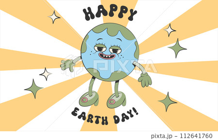 Happy cute Earth planet girl character.Simple retro cartoon mascot for poster, banner, graphic print.Y2k groovy earth day, Save green planet and ecology concept. Vector illustration EPS 10 112641760