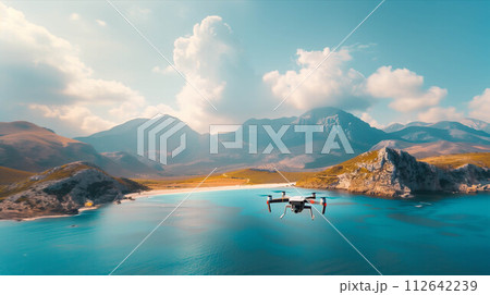 Closeup drone taking view of mountains and sea. 112642239