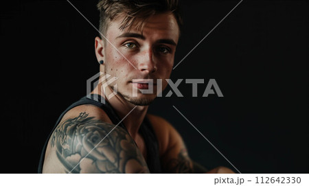 Caucasian man has tattoos on his body on black background. 112642330