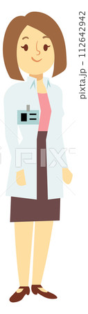 Laboratory worker character. Smiling woman in medical coat Laboratory worker character. Smiling woman in medical coat 112642942