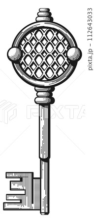 Gothic key engraving. Old metal treasure drawing 112643033